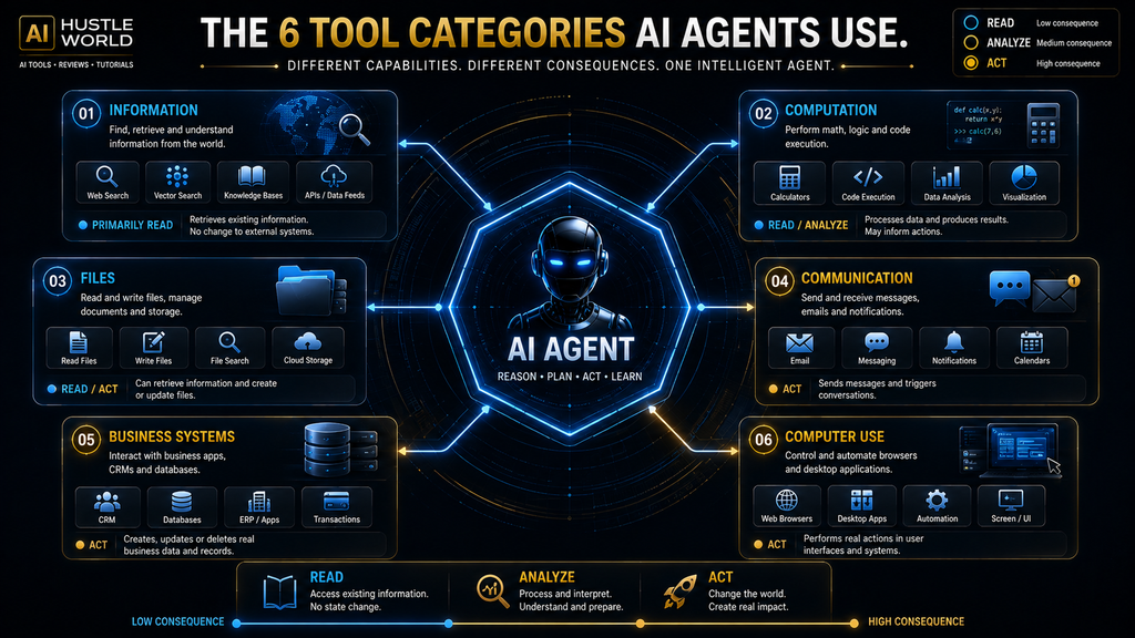 Six categories of AI agent tools including information computation files communication business systems and computer use