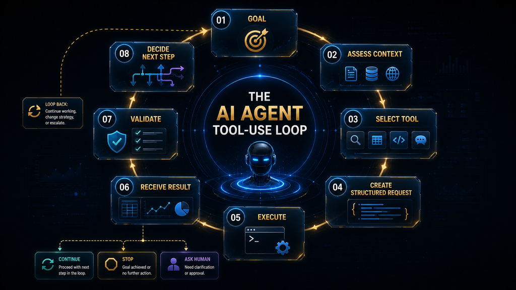 AI agent tool use loop from goal to tool selection execution result validation and next decision