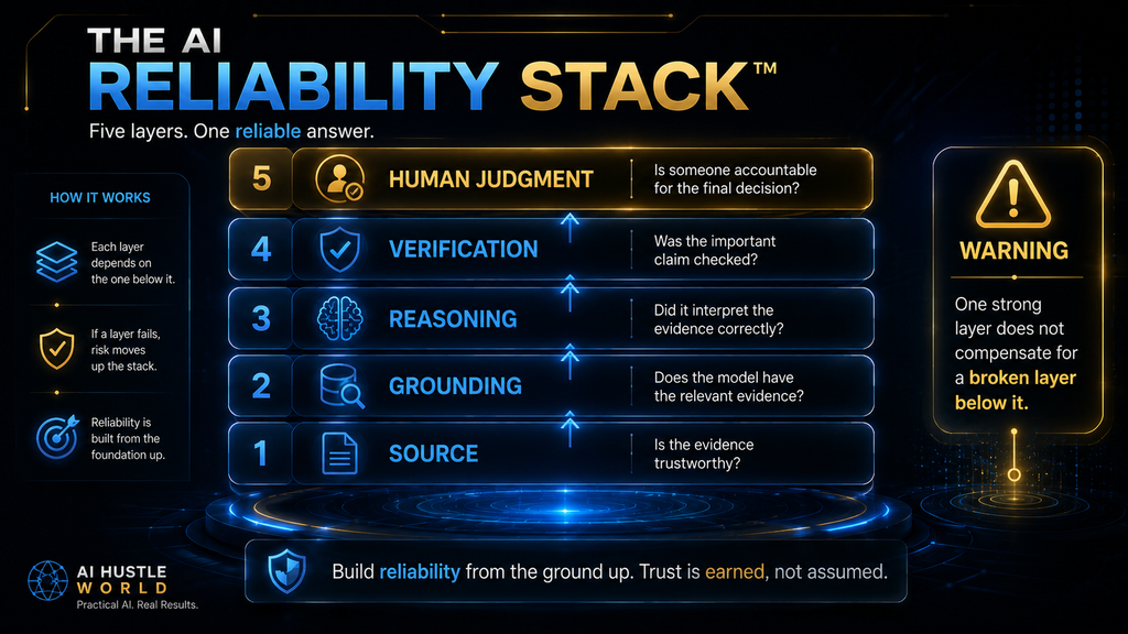 AI Reliability Stack showing source, grounding, reasoning, verification and human judgment