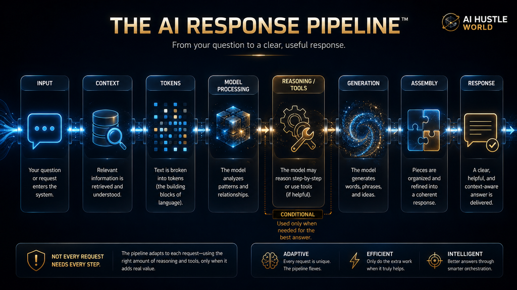 AI Response Pipeline showing input context tokens model processing tools generation and final response