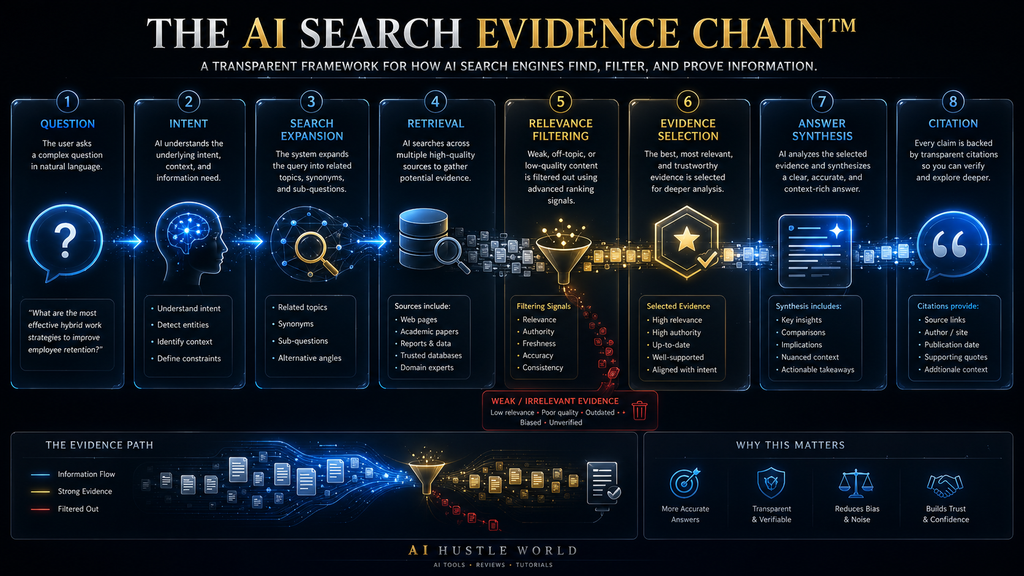 AI Search Evidence Chain showing question intent search expansion retrieval evidence selection synthesis and citation