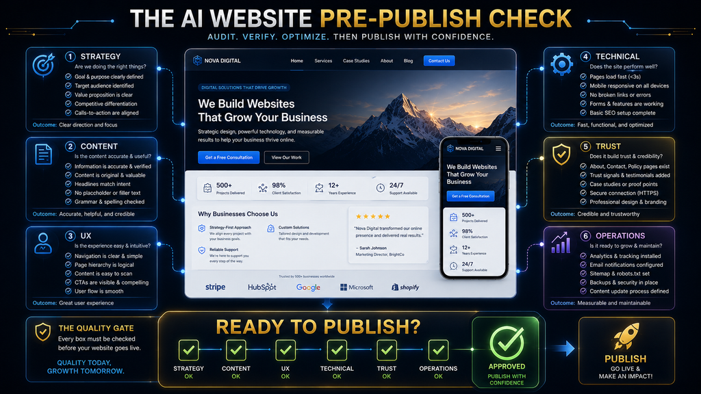 AI website pre-publish audit covering strategy content UX technical trust and operations