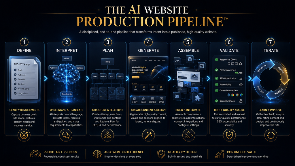 AI website production pipeline from defining requirements to iterative improvement