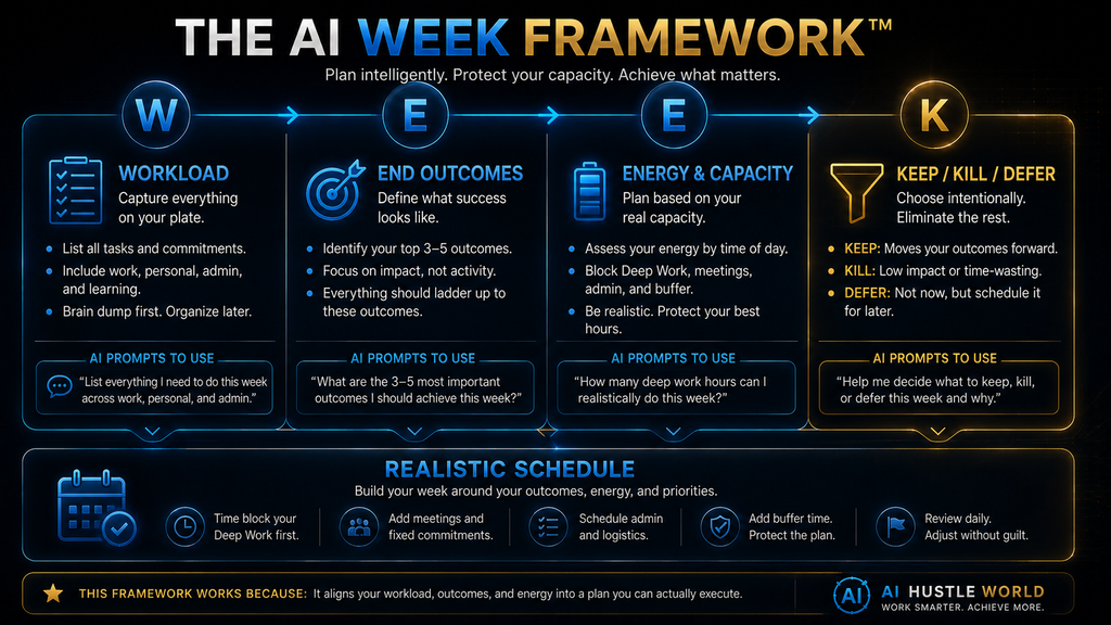 AI WEEK Framework showing workload end outcomes energy capacity and keep kill defer decisions