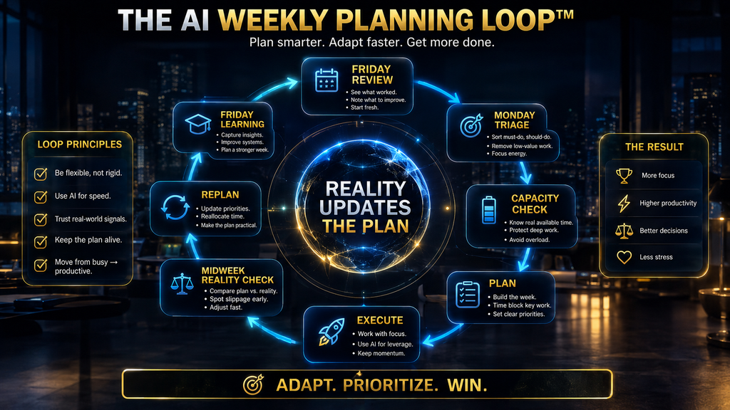 Adaptive weekly AI planning loop from review to triage, capacity, scheduling, replanning and learning