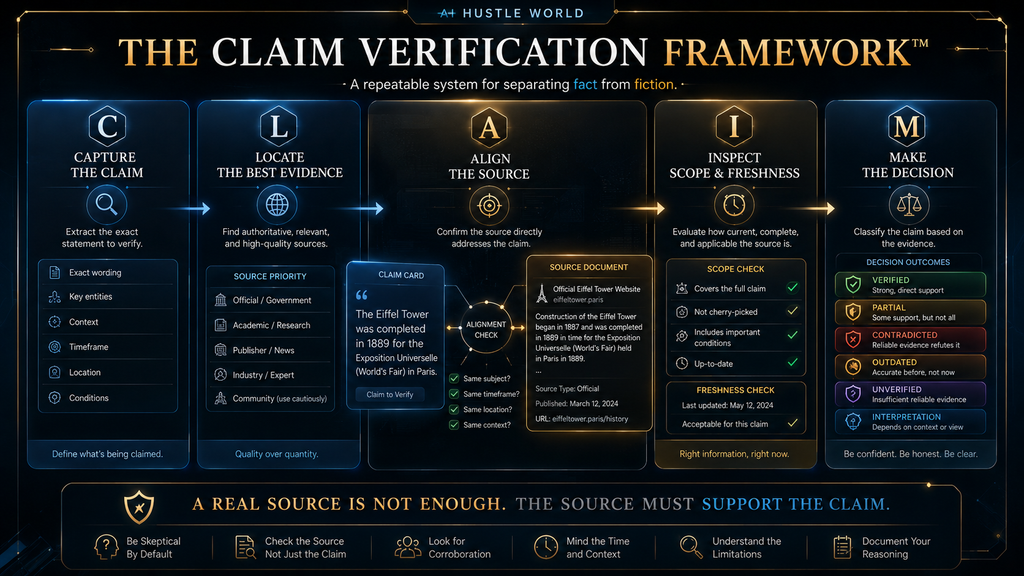 AI Hustle World CLAIM Verification Framework showing claim capture evidence alignment scope inspection and final decision