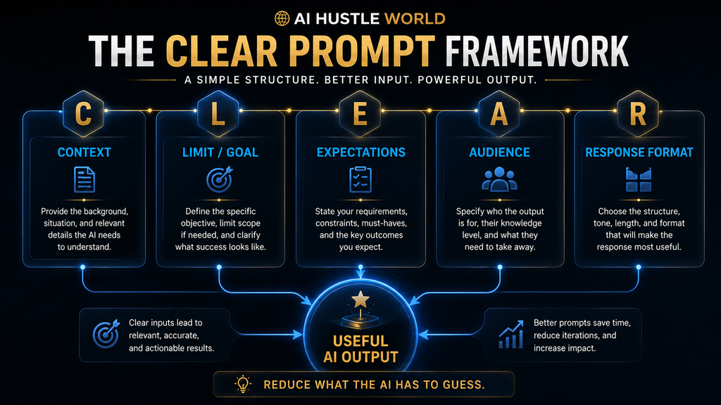 CLEAR framework for writing AI prompts using context goal expectations audience and response format