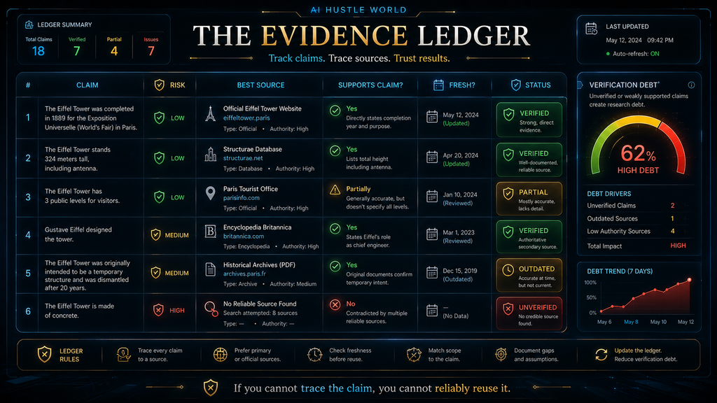 Evidence ledger tracking AI claims, risk, source support, freshness and verification status
