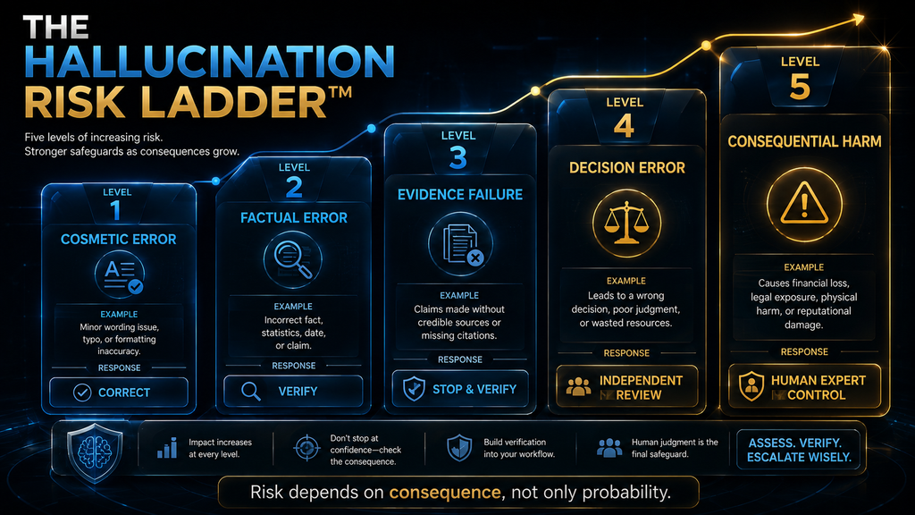 Hallucination Risk Ladder showing cosmetic errors, factual errors, evidence failures, decision errors and consequential harm