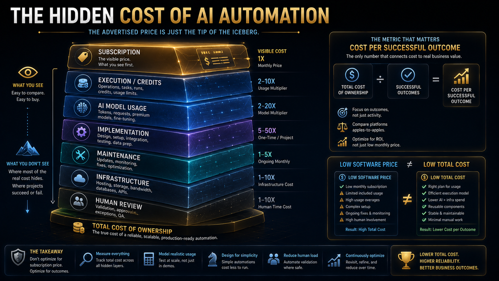 Total cost of AI workflow automation including subscription execution AI usage maintenance infrastructure and human review