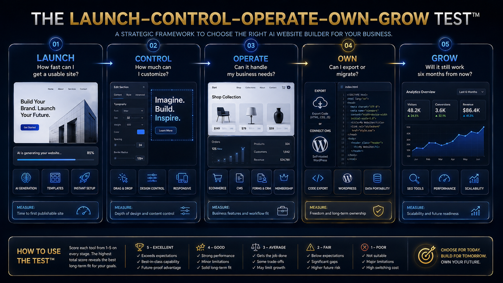 Launch Control Operate Own Grow framework for choosing an AI website builder