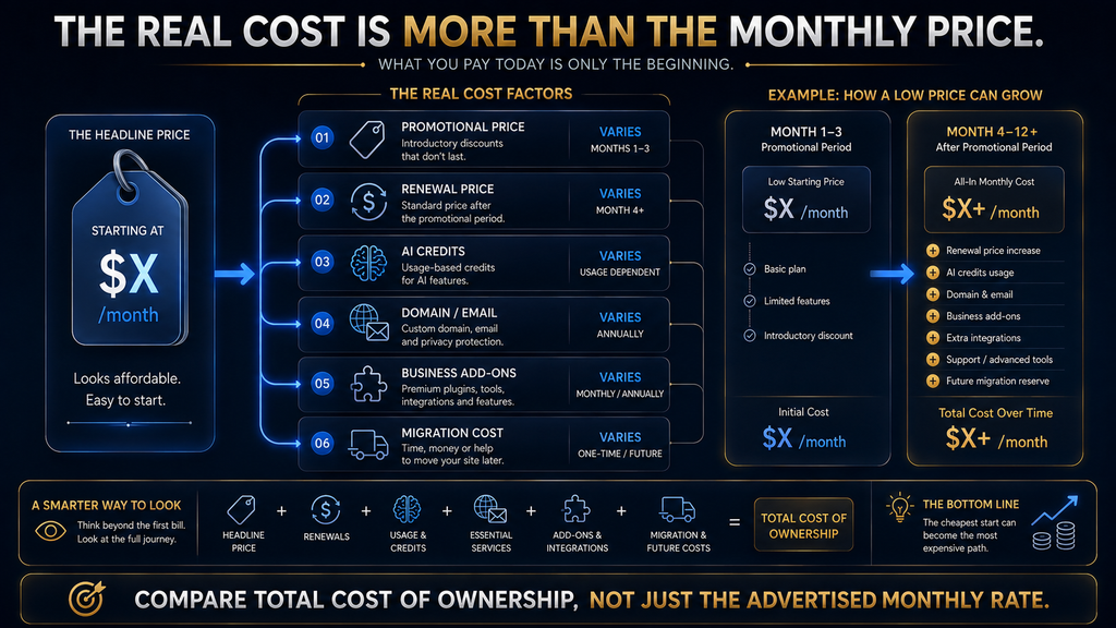 AI website builder total cost comparison including subscription renewal AI credits domains and migration