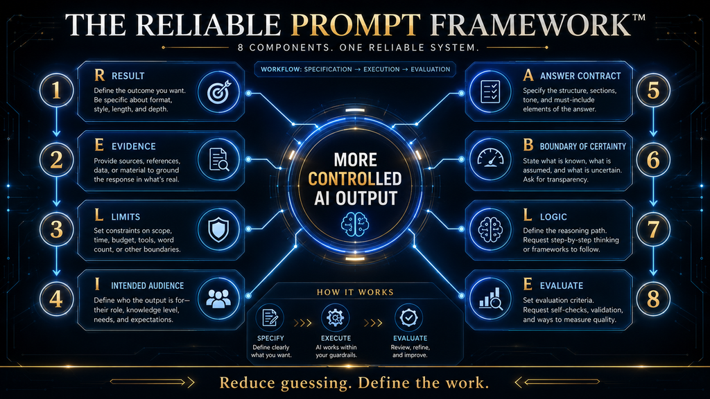 Reliable Prompt Framework showing eight components for accurate AI prompts