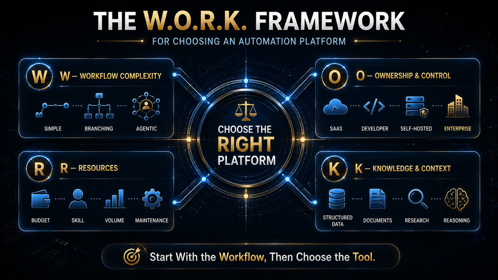 W.O.R.K. framework showing workflow complexity ownership resources and knowledge for choosing an AI automation tool