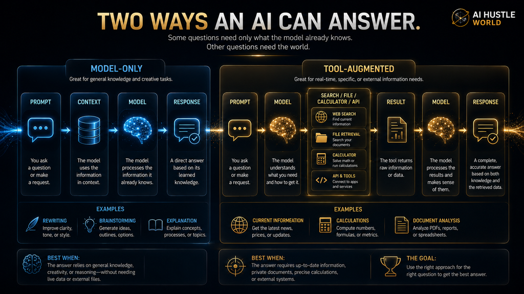 Comparison of model-only and tool-augmented AI answer workflows
