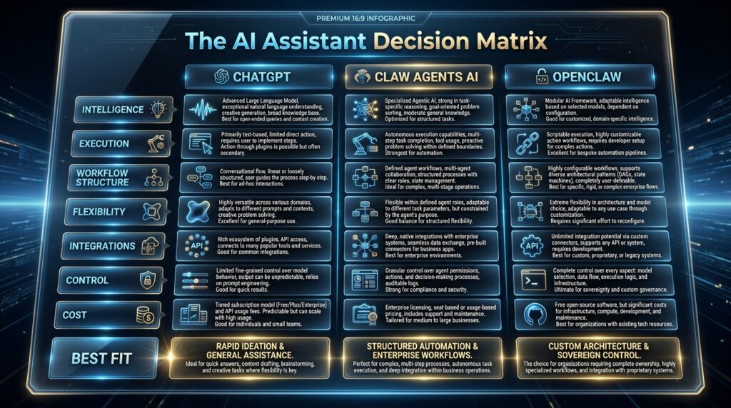 AI assistant decision framework comparing intelligence, execution, workflow structure, flexibility, integrations, control and cost.