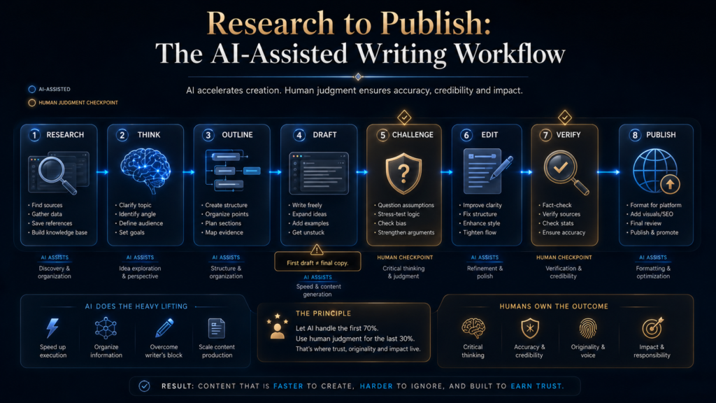 AI-assisted writing process from research and thinking through drafting, critique, editing, verification and publication.