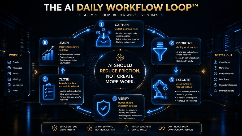AI Daily Workflow Loop showing capture, prioritize, execute, verify, close and learn