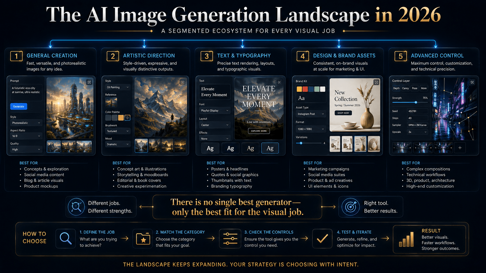 AI image generation landscape showing general-purpose, artistic, design, editing and advanced control categories. Best AI Image Generators