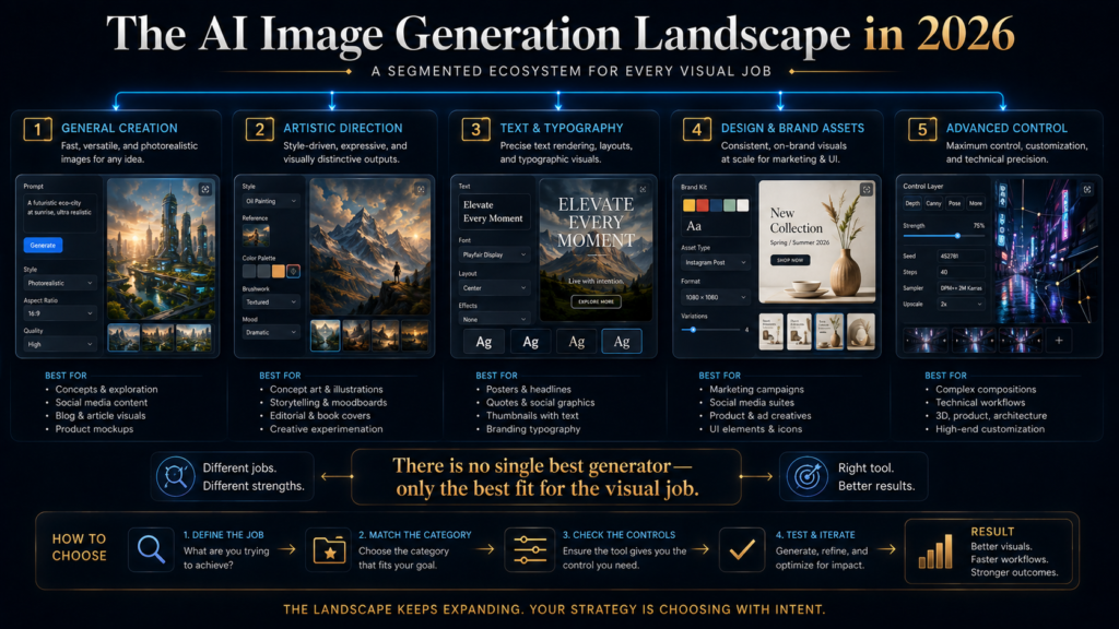 AI image generation landscape showing general-purpose, artistic, design, editing and advanced control categories. Best AI Image Generators