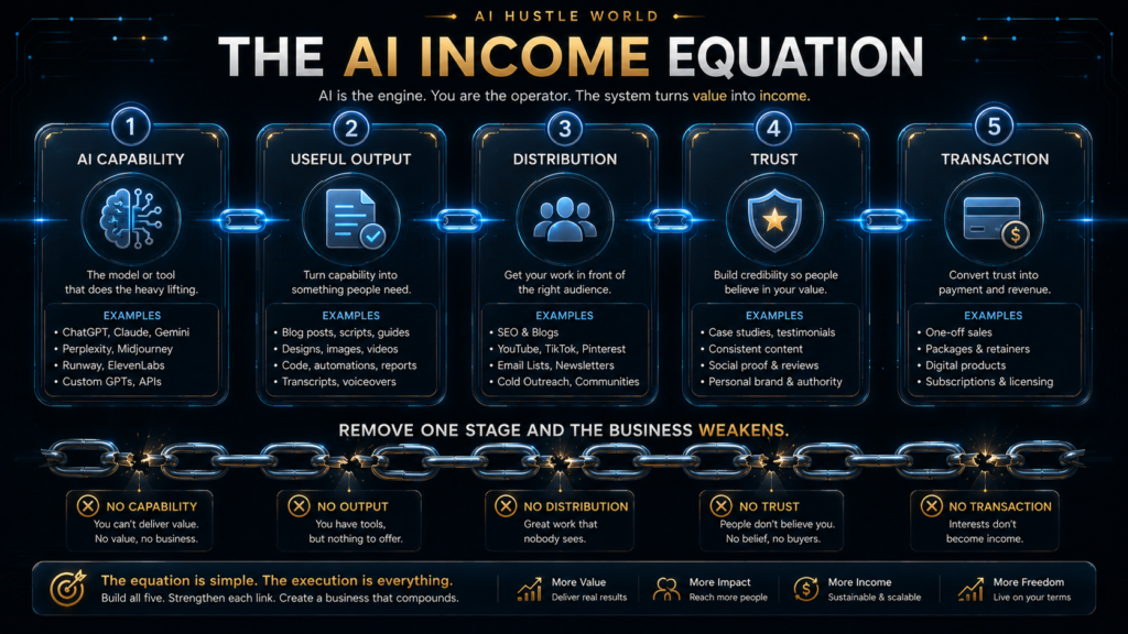 AI income equation showing AI capability connected to useful output, distribution, trust and transaction. make money with ai
