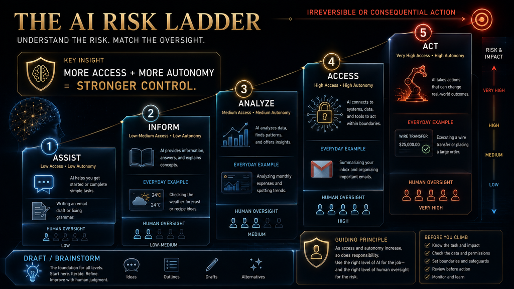 AI risk ladder from assistance and information to analysis access and autonomous action
