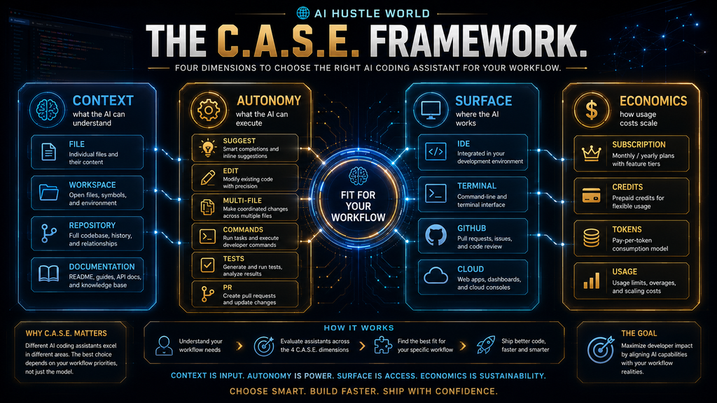 C.A.S.E. framework showing context autonomy surface and economics for choosing an AI coding assistant