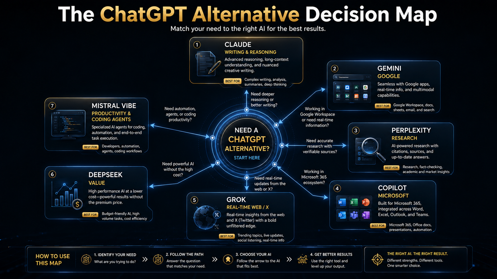 AI assistant decision map matching writing, research, ecosystem, real-time information, cost and agentic work to alternative AI platforms.