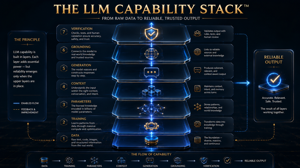 The LLM Capability Stack showing data, training, parameters, context, generation, grounding and verification.
