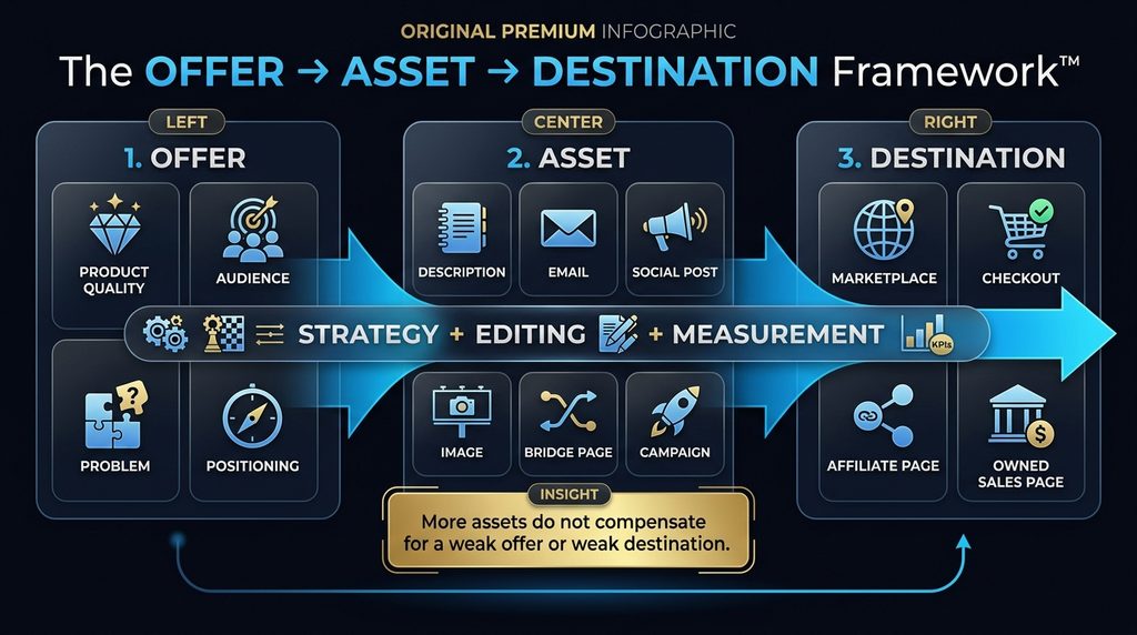 AI Hustle World OFFER ASSET DESTINATION framework for evaluating digital product marketing software