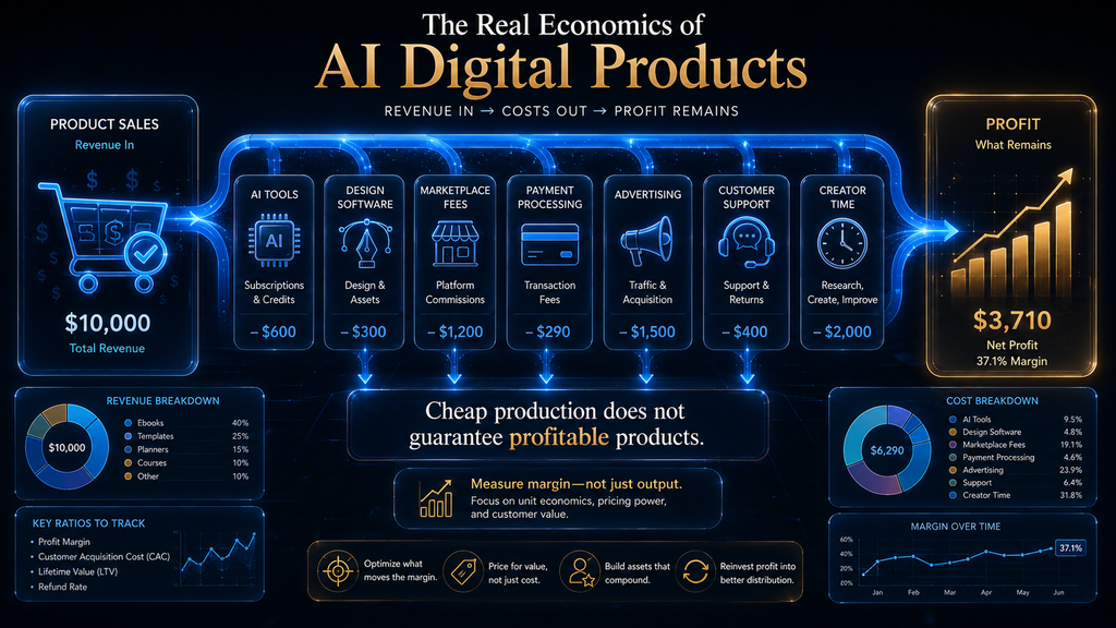 AI digital product economics showing AI software marketplace fees time distribution and profit