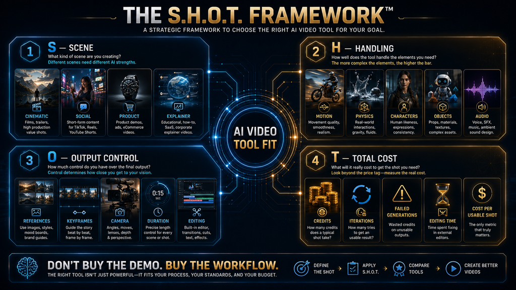S.H.O.T. framework for choosing an AI video generator by scene handling output control and total cost