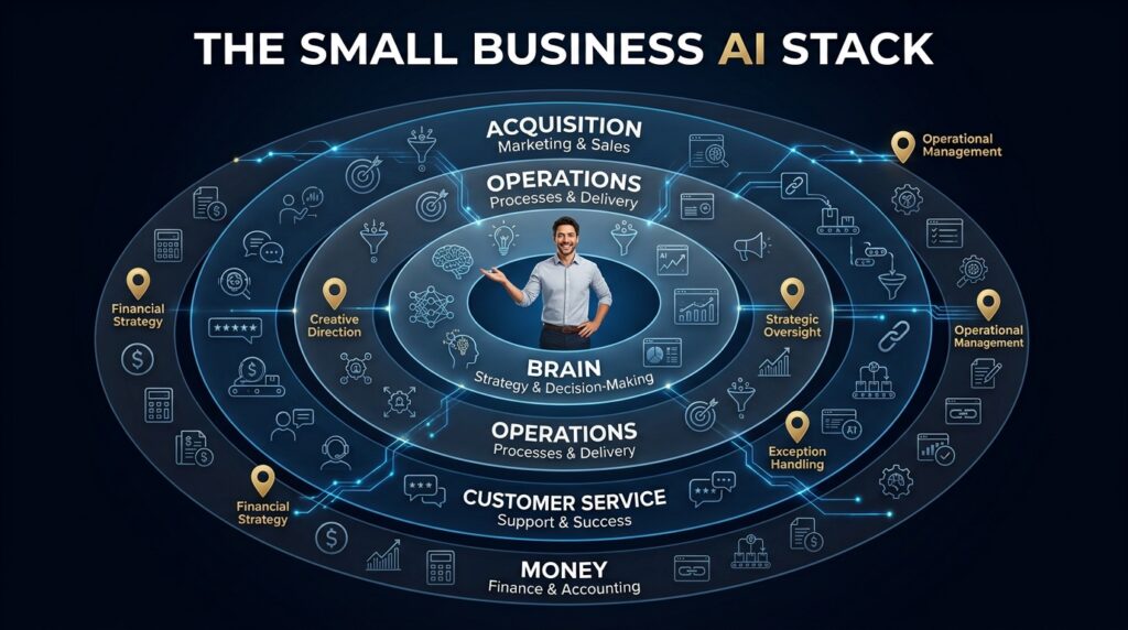 Small business AI stack connecting general intelligence, customer acquisition, operations, customer service and finance. Best AI Tools for Small Business