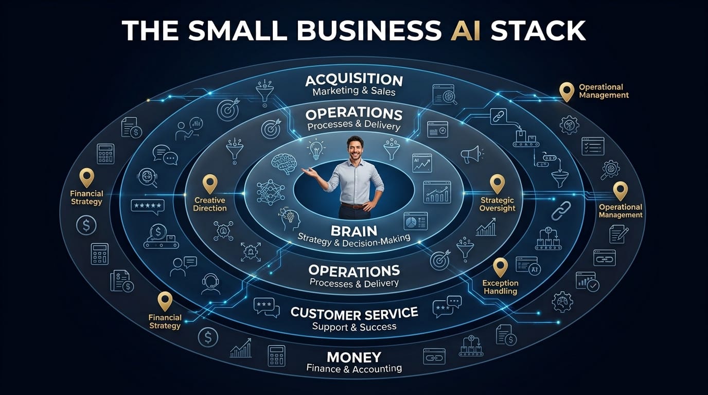 Small business AI stack connecting general intelligence, customer acquisition, operations, customer service and finance. Best AI Tools for Small Business