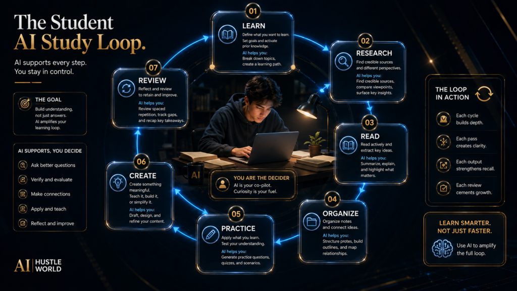 Student AI study loop showing learn, research, read, organize, practice, create and review. Best Free AI Tools for Students