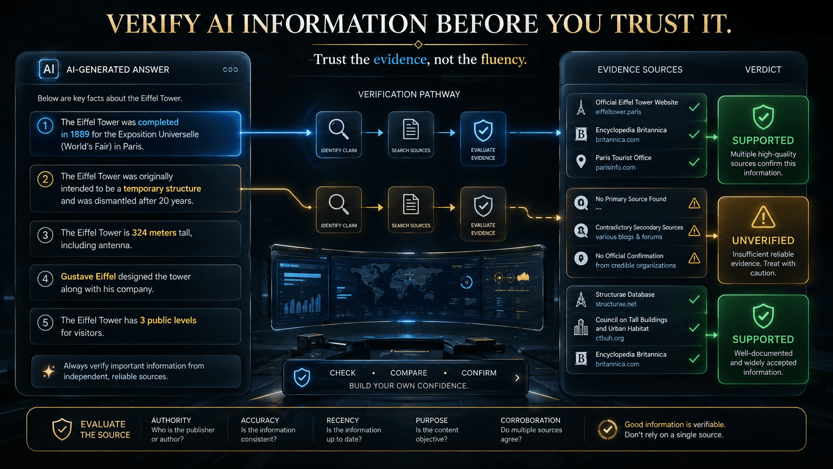how to verify AI information verification workflow showing claims connected to authoritative evidence