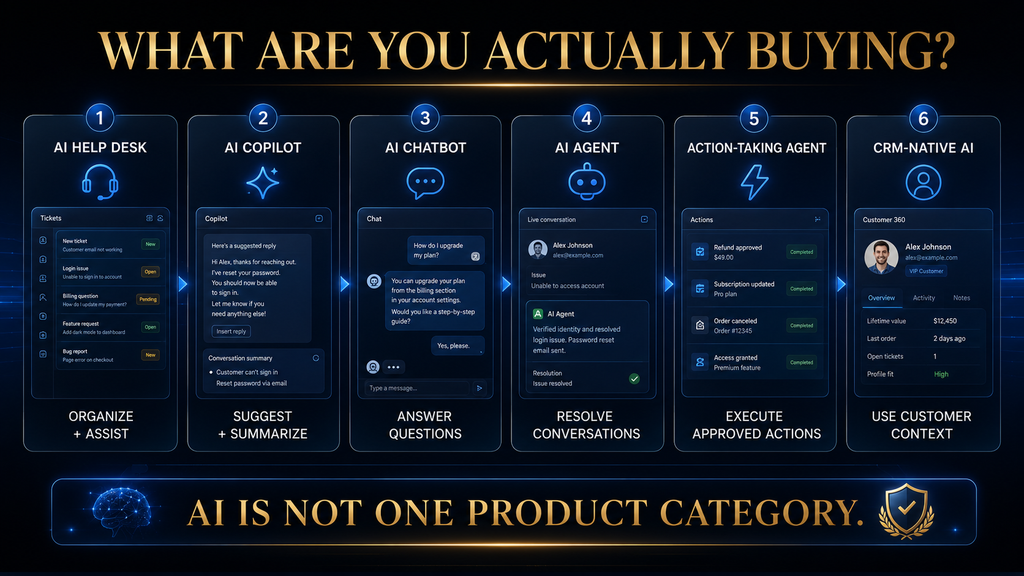 Different types of AI customer service systems from help desk AI to action-taking agents