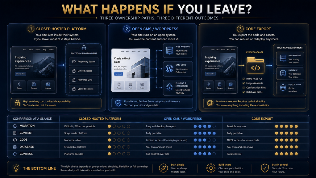AI website builder portability comparison showing hosted platform lock-in versus WordPress and code export
