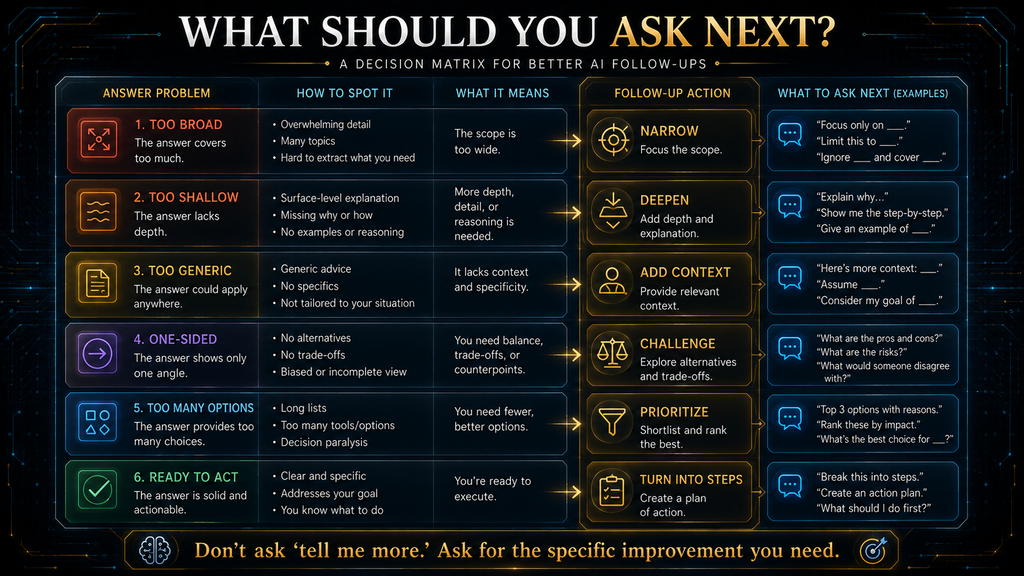 AI follow-up question matrix for broad shallow generic uncertain or overwhelming answers