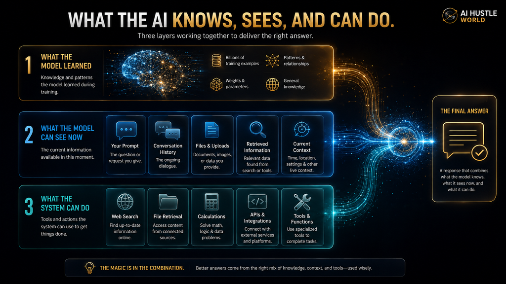 Three-layer AI architecture showing learned knowledge current context and available tools