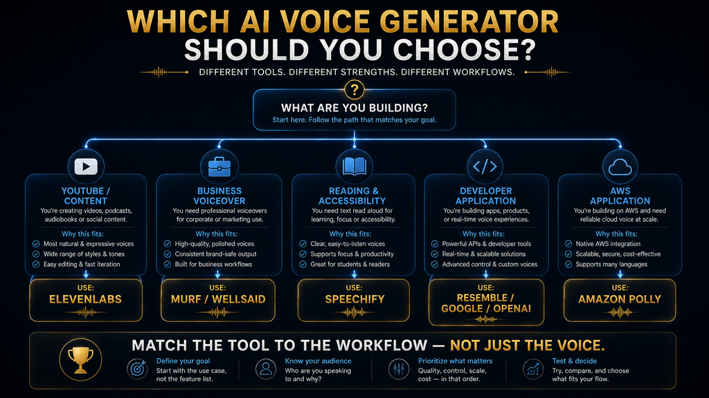 Decision tree showing which AI voice generator to choose based on creator, business, accessibility and developer workflows.