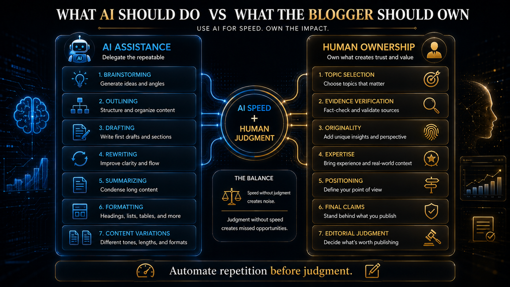 WHAT AI SHOULD DO VS WHAT THE BLOGGER SHOULD OWN.” Left column AI ASSISTANCE