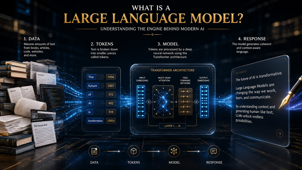 Large language model explained through data, tokens, Transformer processing and AI-generated responses.