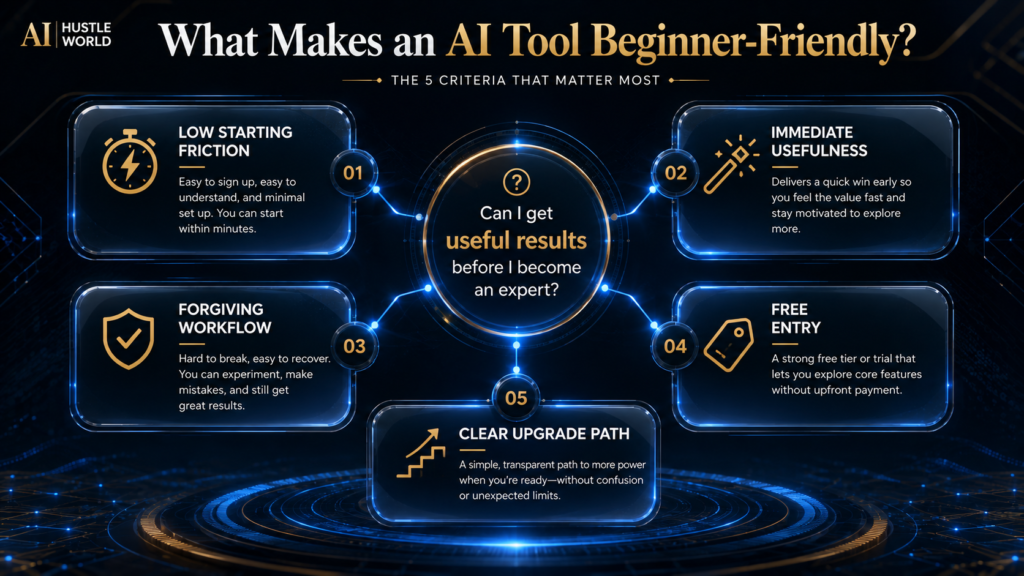 Five criteria for evaluating beginner AI tools: low friction, immediate usefulness, forgiving workflow, free entry and clear upgrade path.