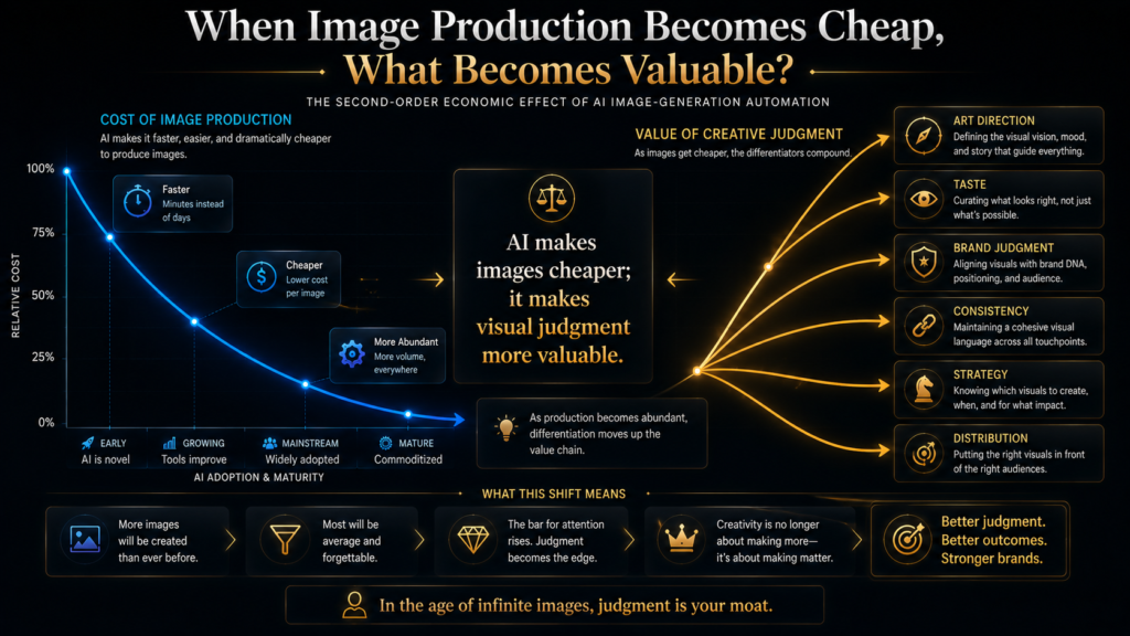 AI image economics showing declining production cost and rising value of art direction, taste, brand judgment, consistency, strategy and distribution.
