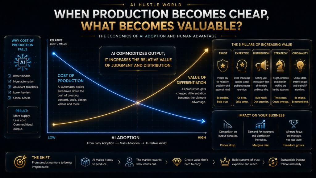 AI second-order effect diagram showing declining production cost and rising importance of trust, expertise, distribution, strategy and originality.