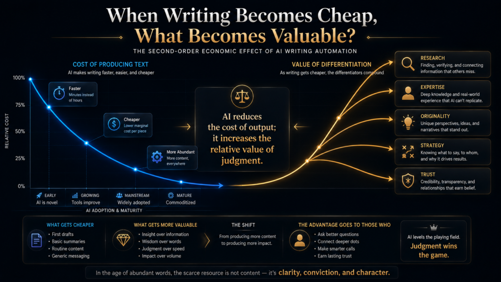 AI writing economics showing lower production cost and rising value of research, expertise, originality, strategy, trust and distribution.