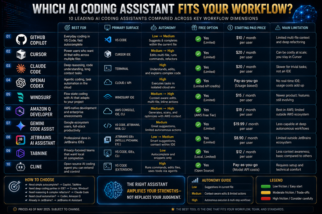 Comparison of ten AI coding assistants by developer workflow and primary use case
