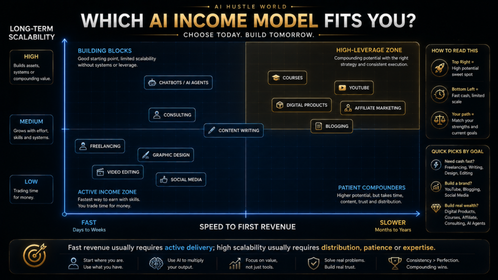 Decision matrix comparing AI income methods by speed to revenue, skill requirement and scalability.