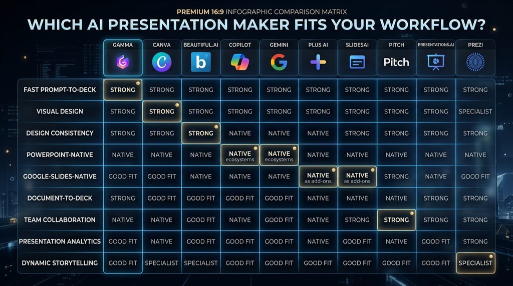 Alt text: AI presentation workflow from idea or document through outline, generation, editing, brand check and final editable presentation.
